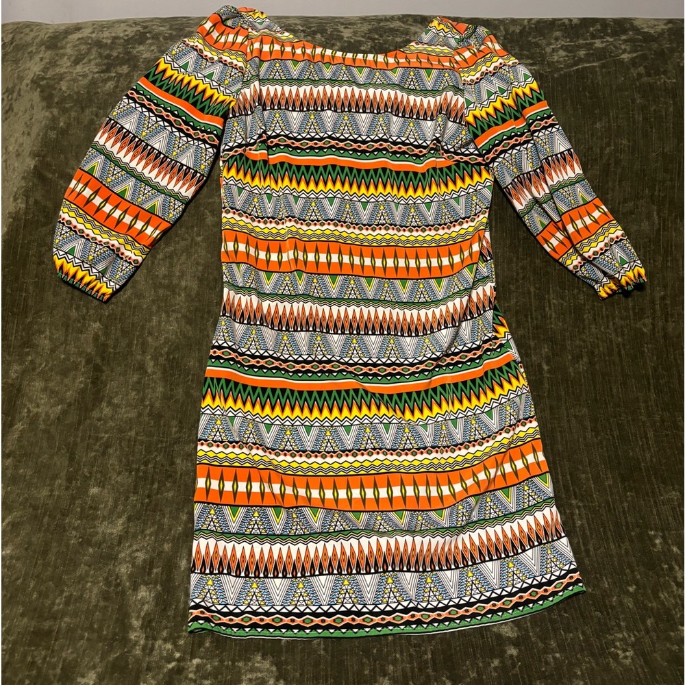 Pink Owl Anthropologie Multicolor Geometic Print 3/4 Sleeve Sheath Dress